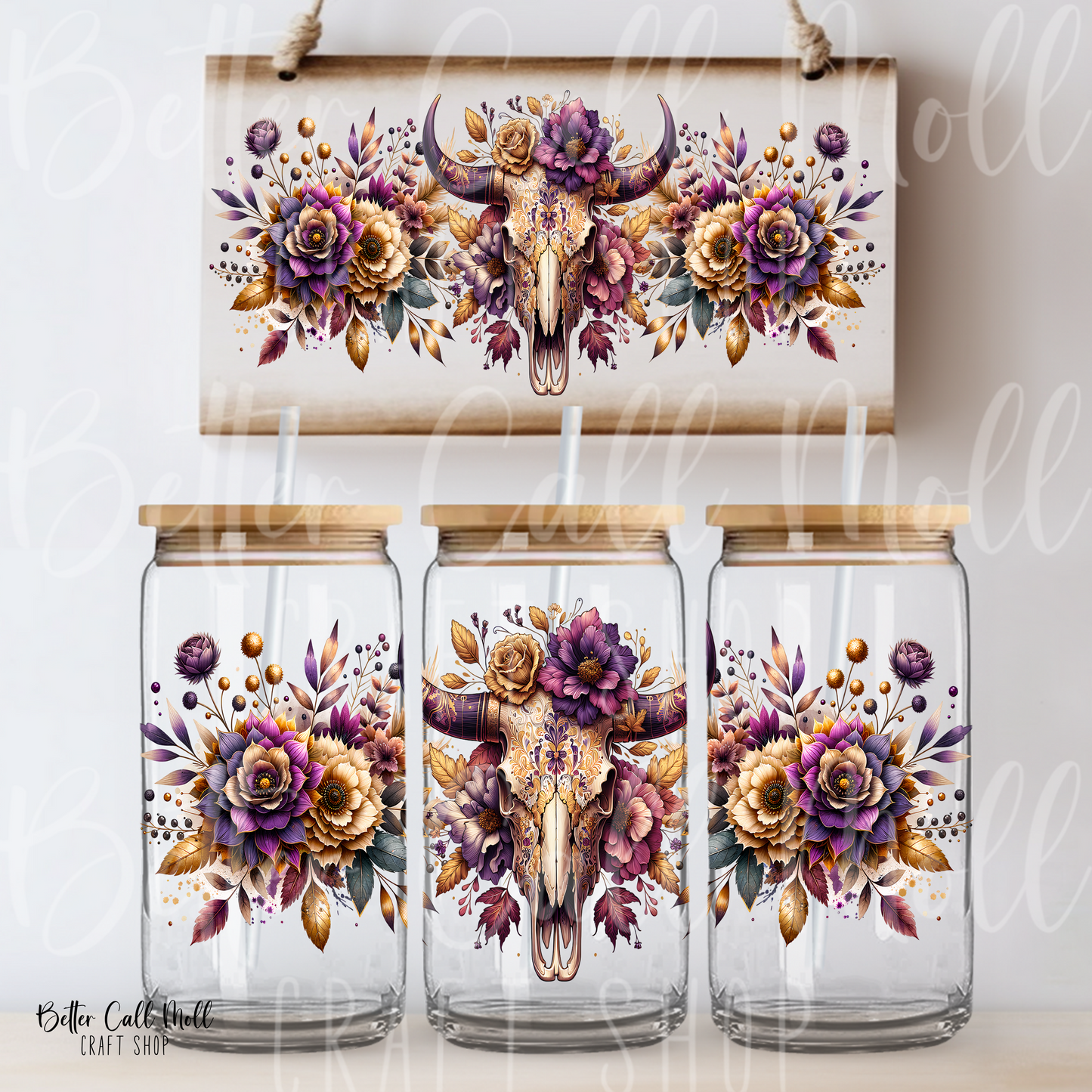 W167 - Bull Skull with Bold Florals UV DTF 16oz Tumbler Wrap
