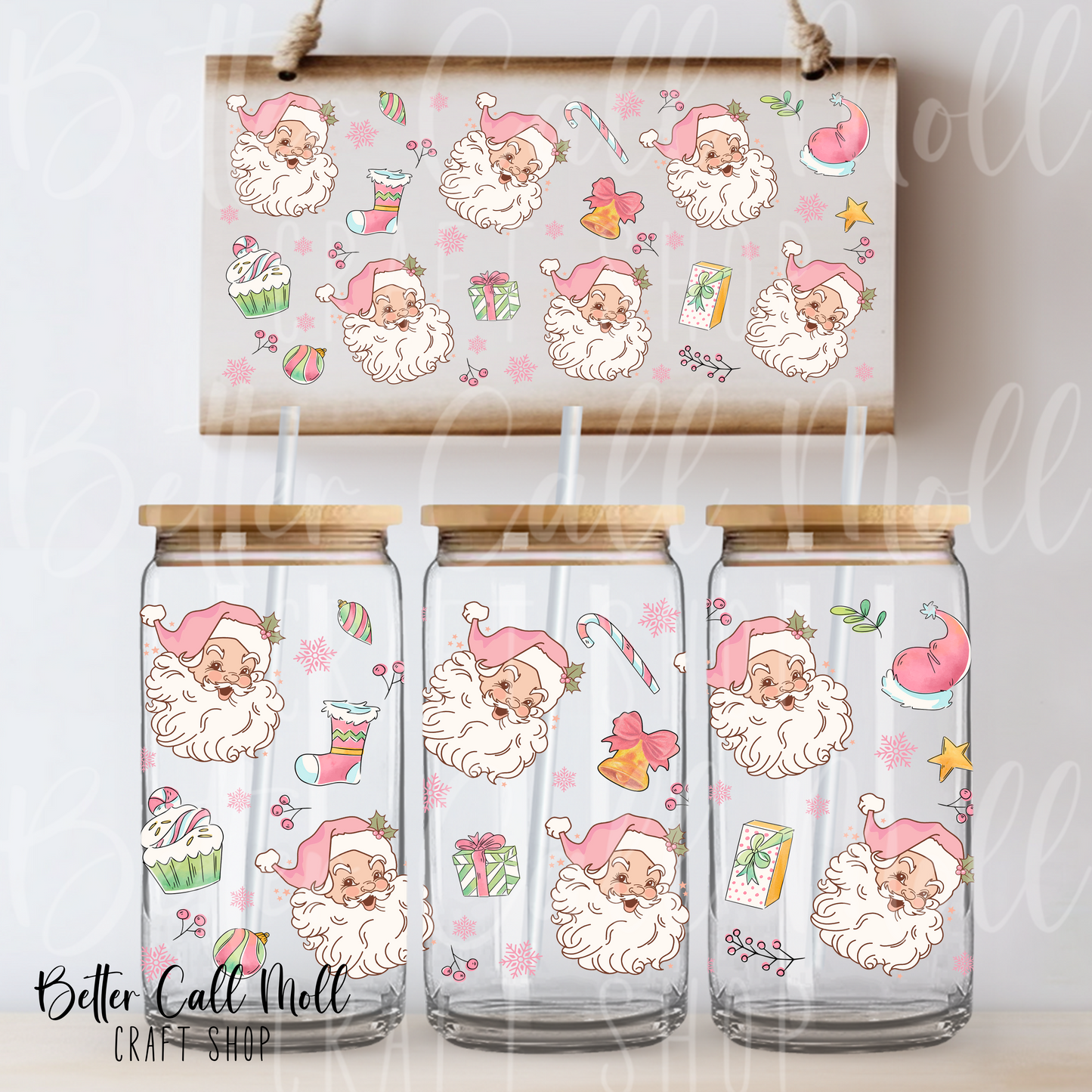 Pink Santa UV DTF 16oz Tumbler Wrap