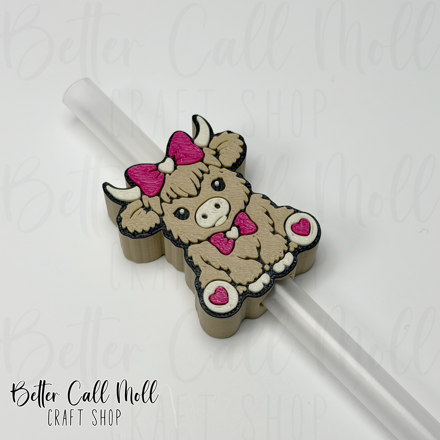 Hearts Highland Cow 3D Straw Topper