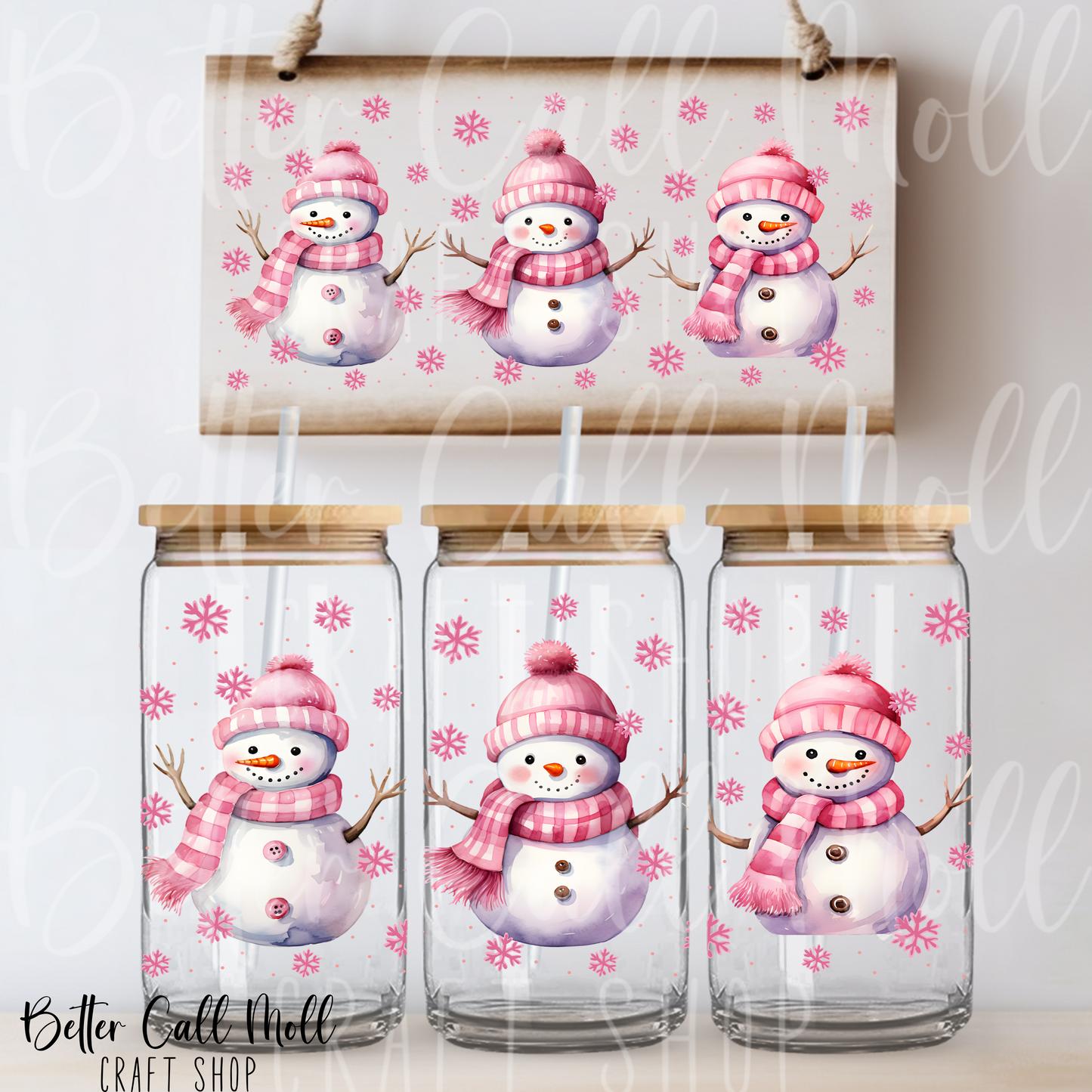 Pink Snowmen UV DTF 16oz Tumbler Wrap