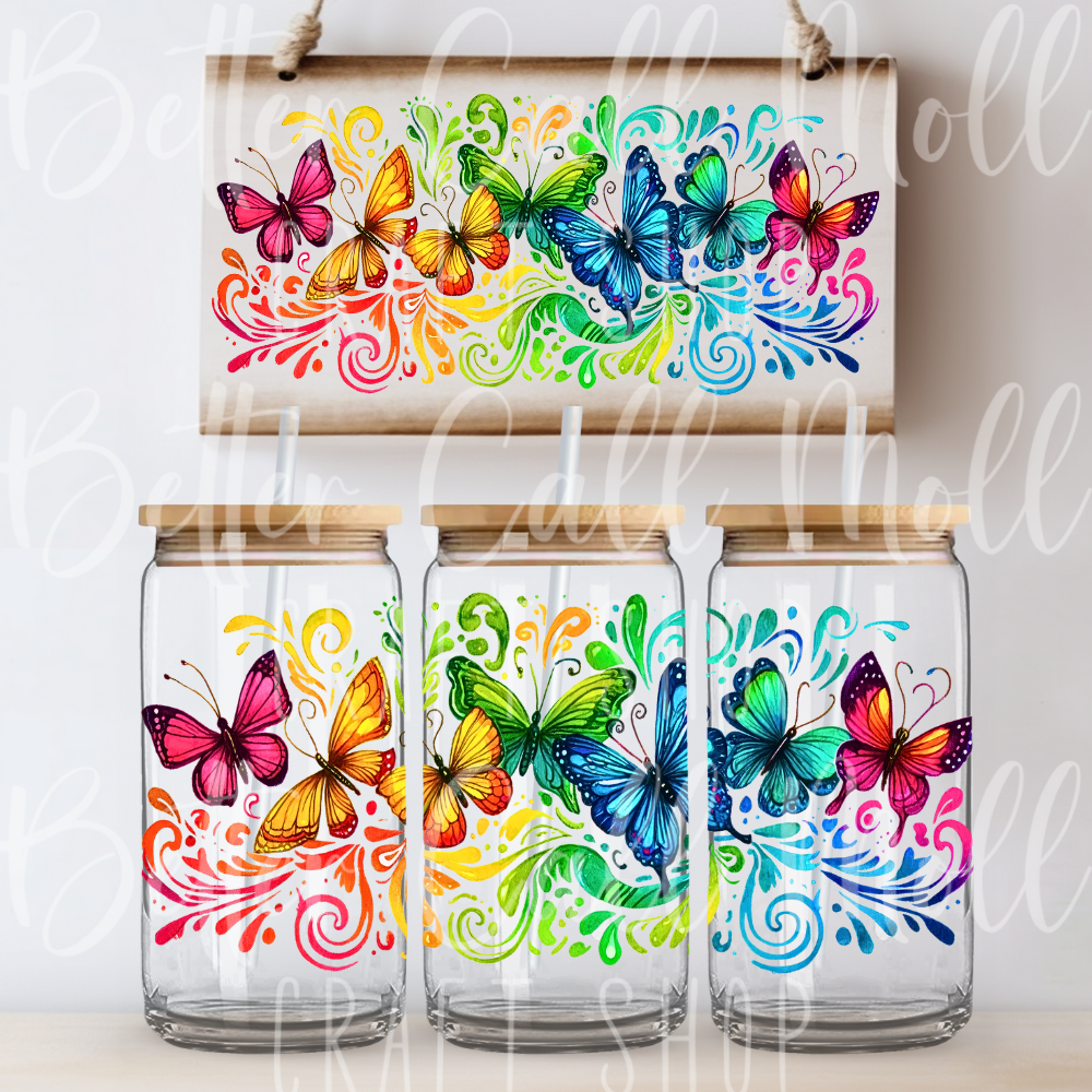 W141 - Colorful Butterflies UV DTF 16oz Tumbler Wrap