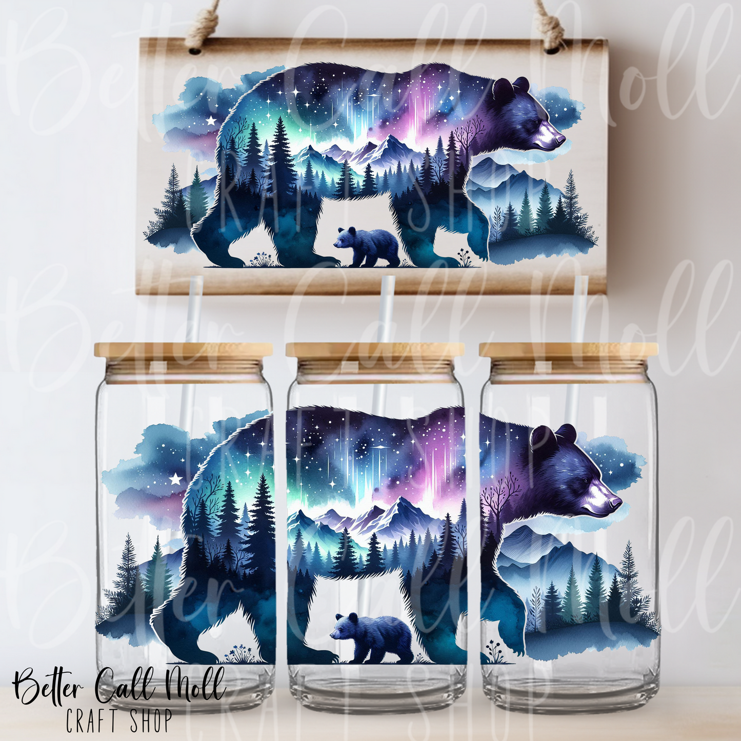 W053 - Northern Lights Mama Bear UV DTF 16oz Tumbler Wrap