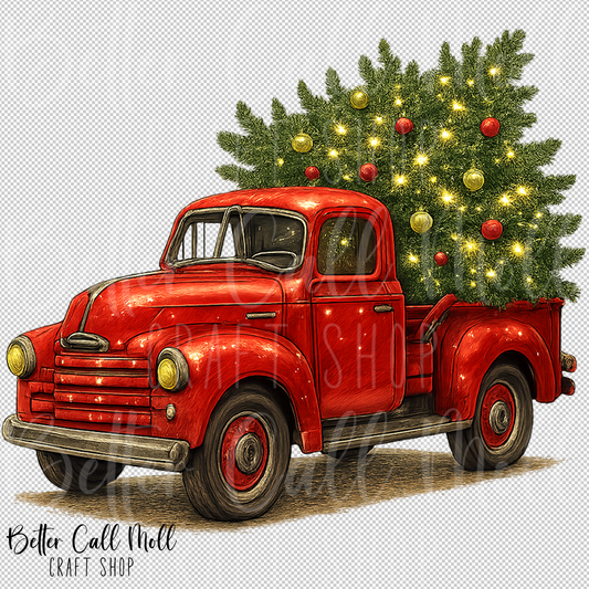 Red Truck with Christmas Tree UV DTF Decal