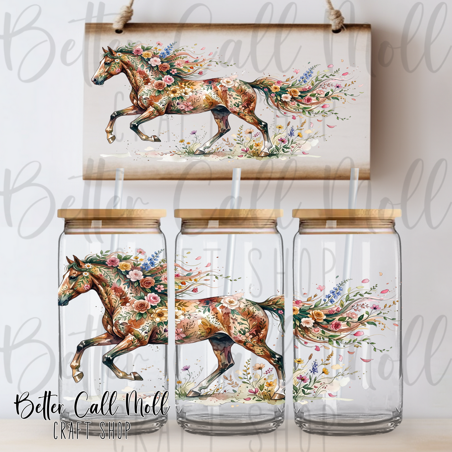 Floral Horse UV DTF 16oz Tumbler Wrap