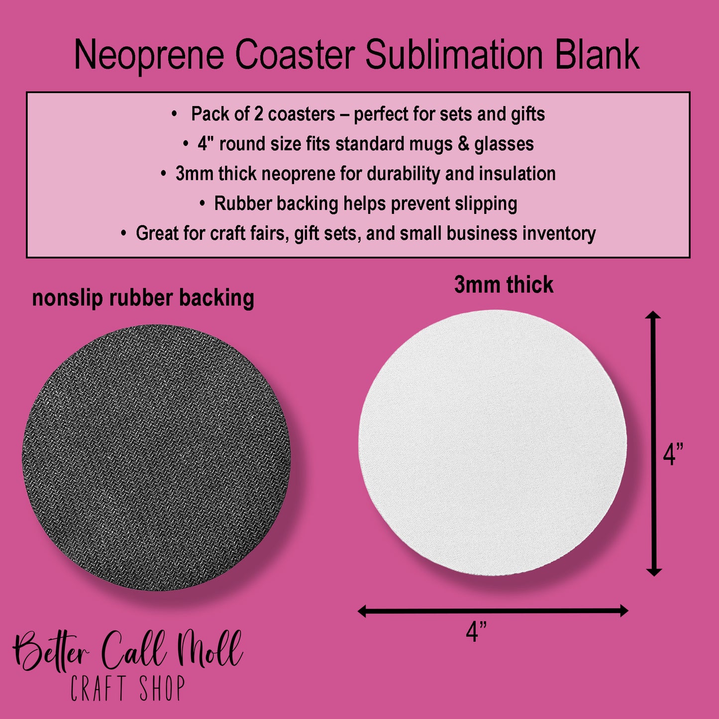 Set of 2 - Round Neoprene Coaster Sublimation Blank – 4”