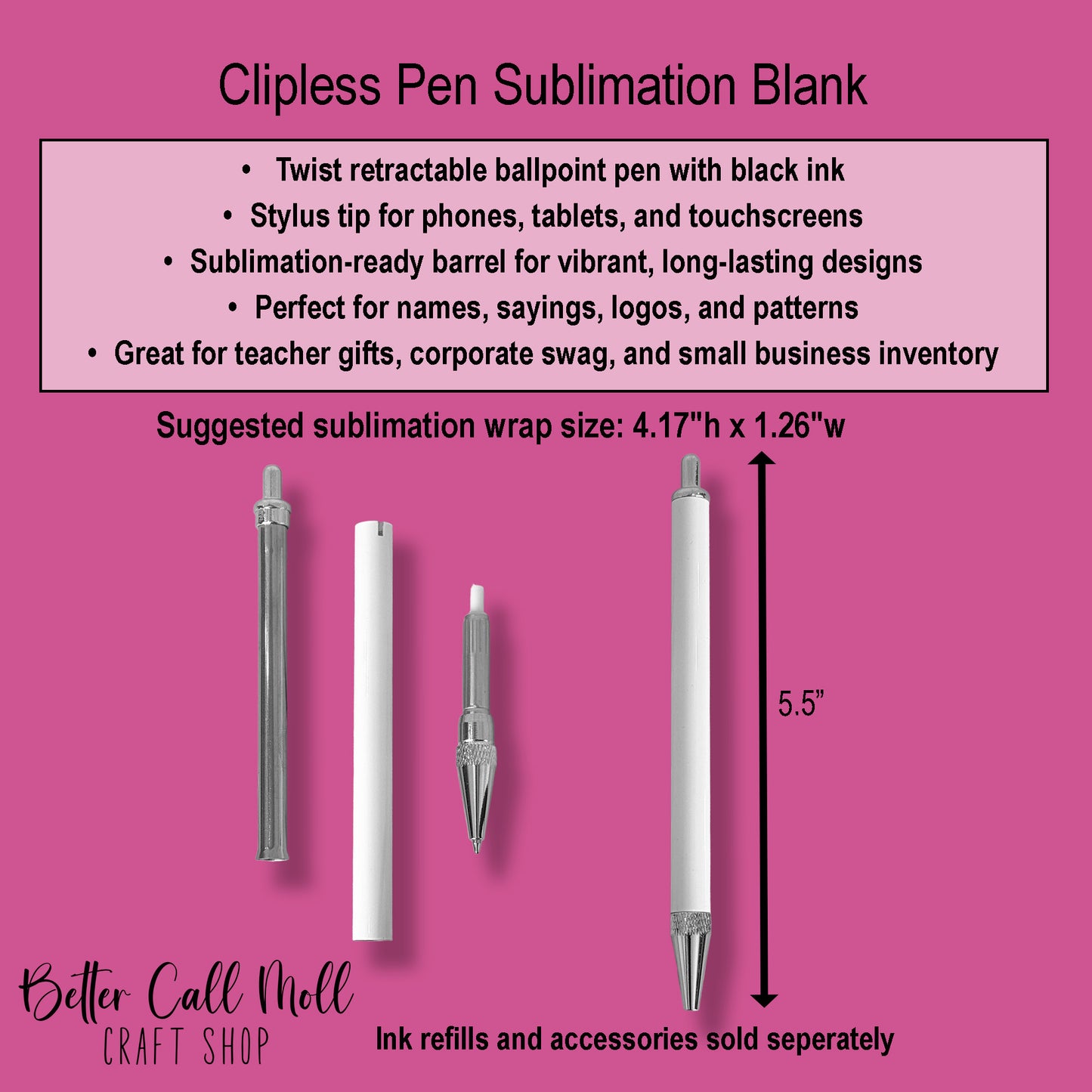 Clipless Ink Pen Sublimation Blank