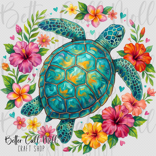 Floral Sea Turtle UV DTF Decal