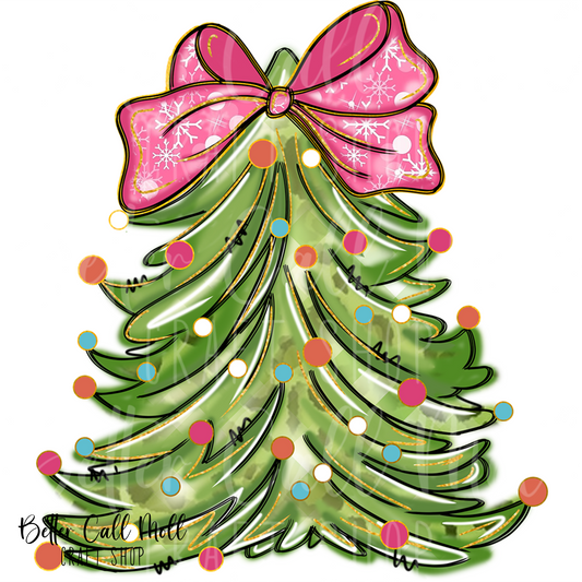Christmas Tree with Pink Bow UV DTF Decal