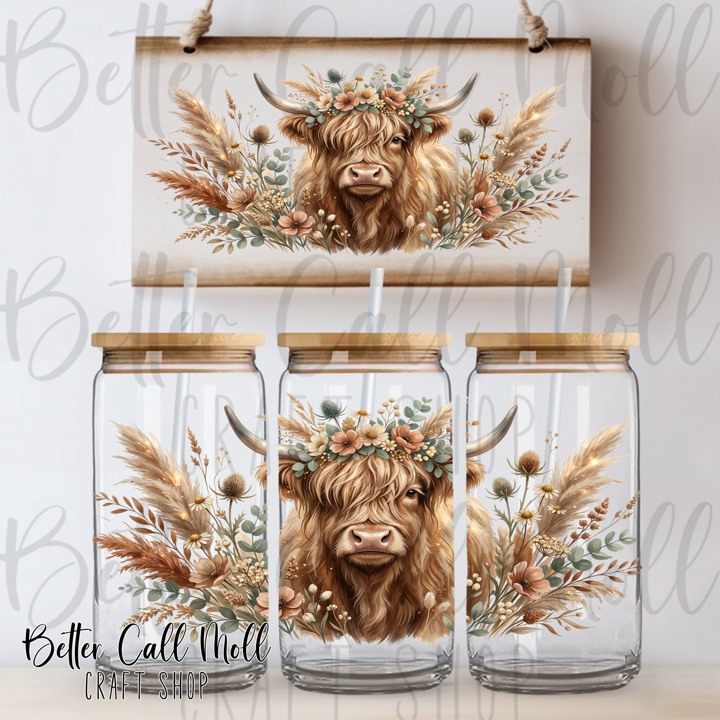 Boho Highland Cow UV DTF 16oz Tumbler Wrap