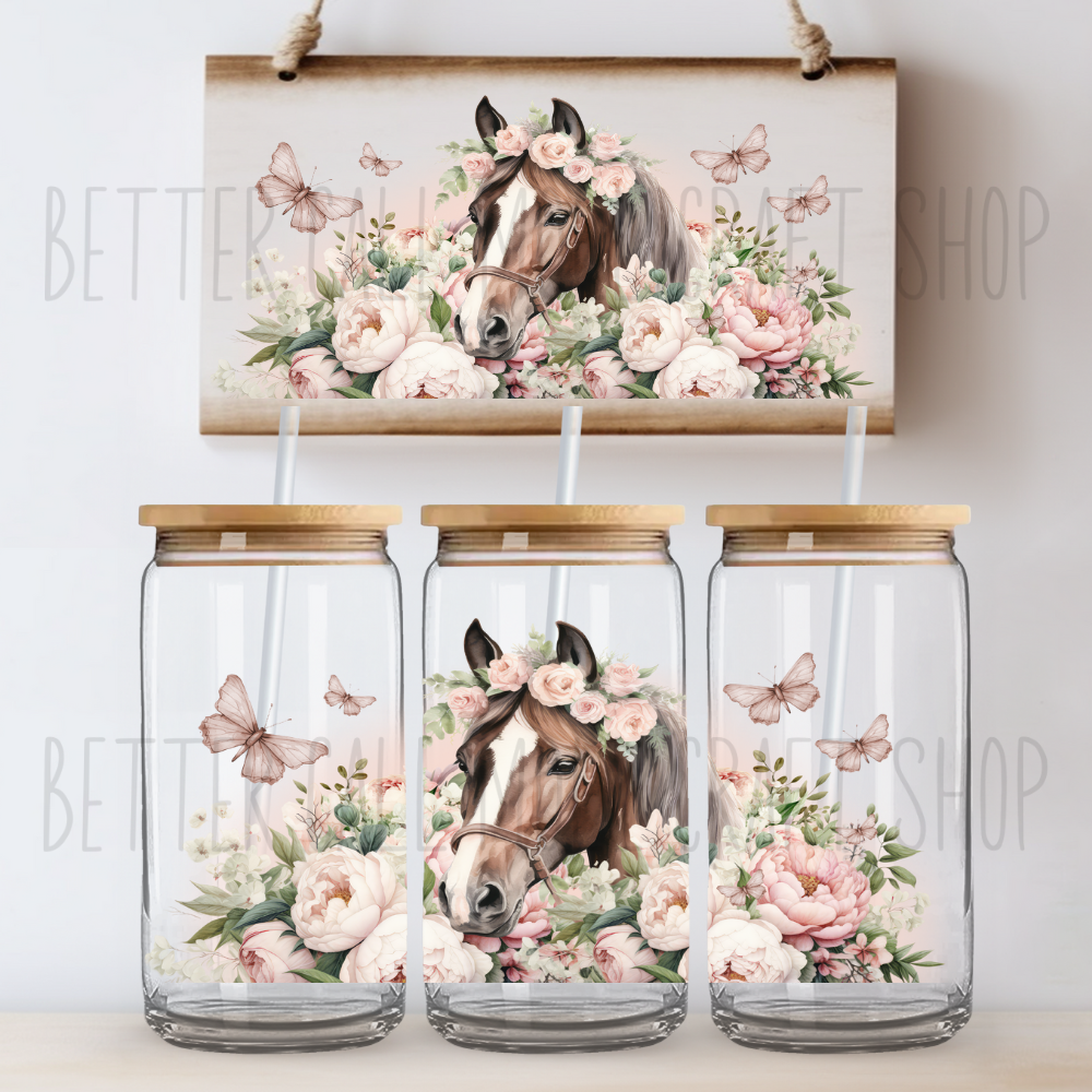 W051 - Boho Floral Horse UV DTF 16oz Tumbler Wrap