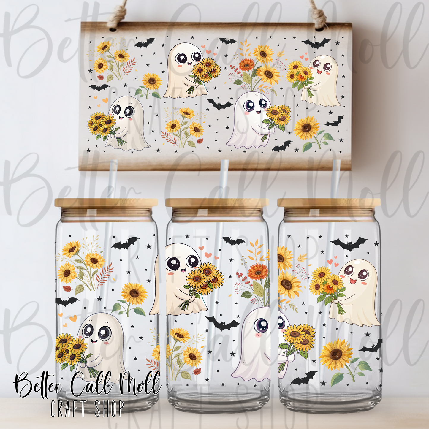 Ghosts with Sunflowers UV DTF 16oz Tumbler Wrap