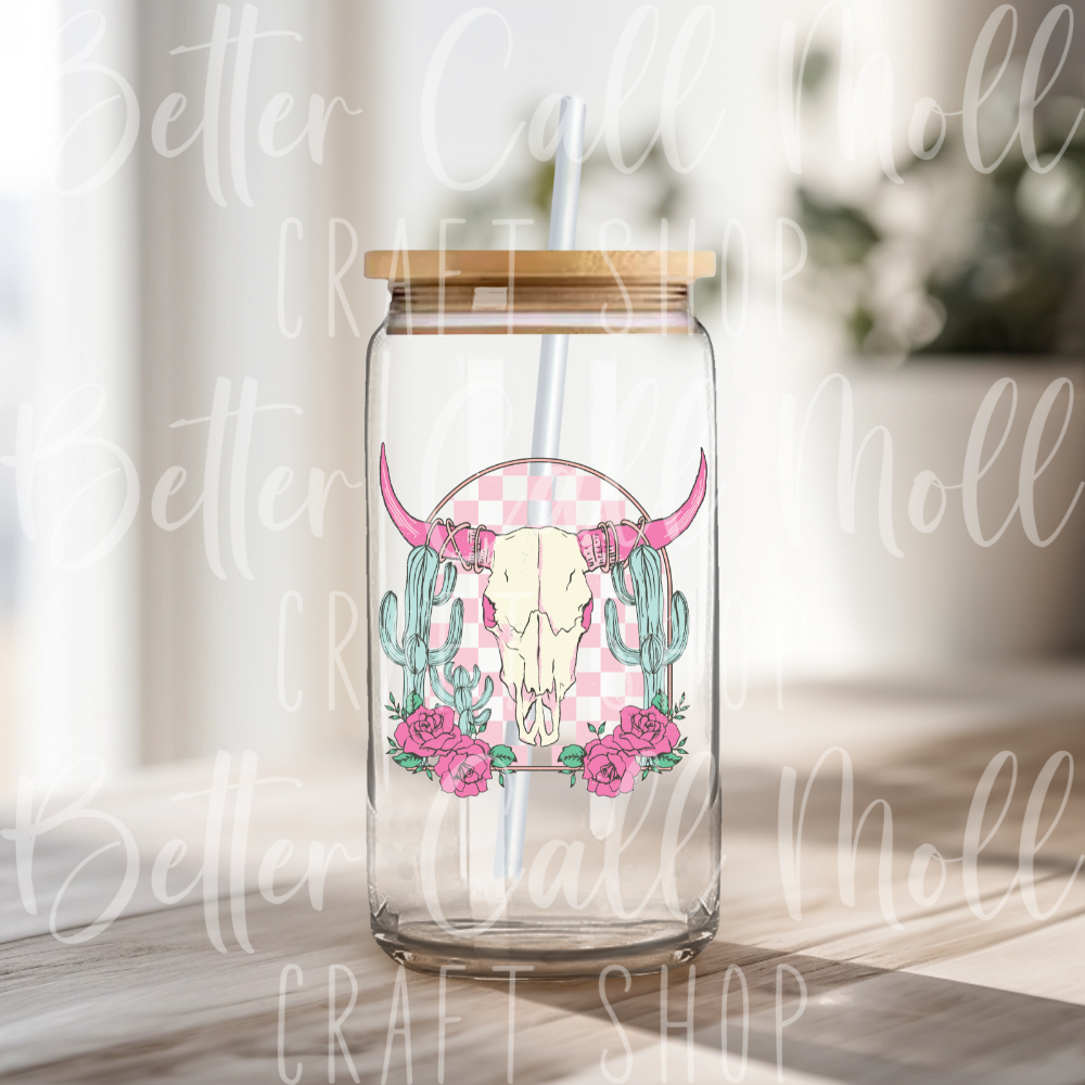 D119 - Checkered Longhorn Skull UV DTF Decal