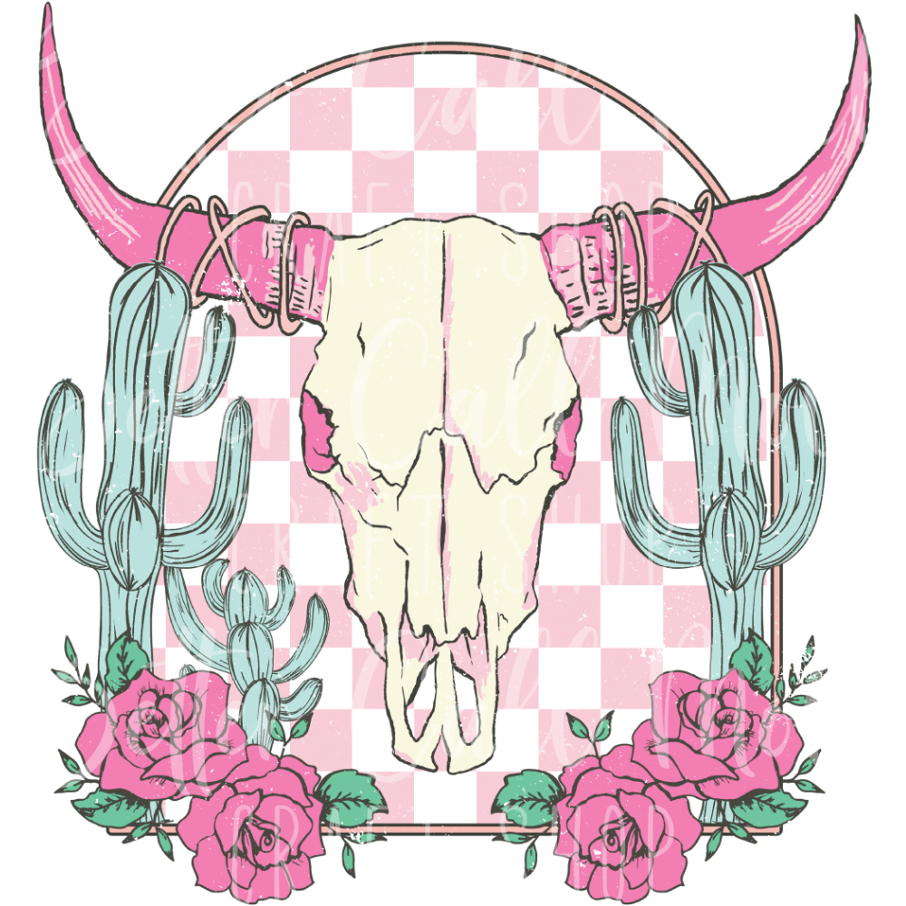 D119 - Checkered Longhorn Skull UV DTF Decal