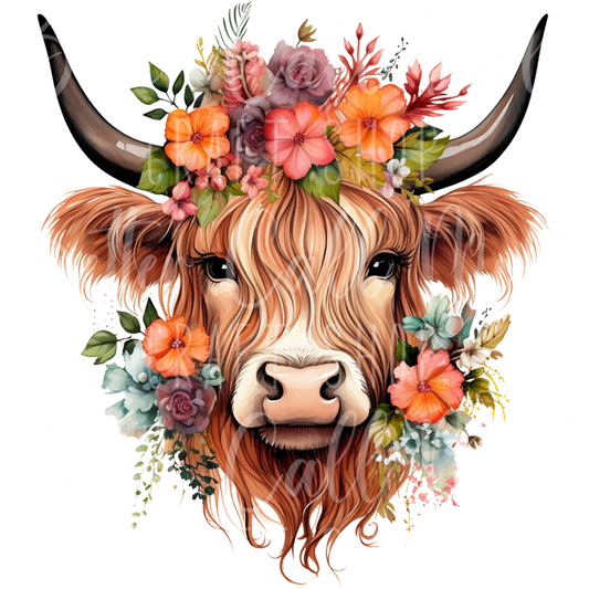 D160 - Highland Cow with Flowers UV DTF Decal