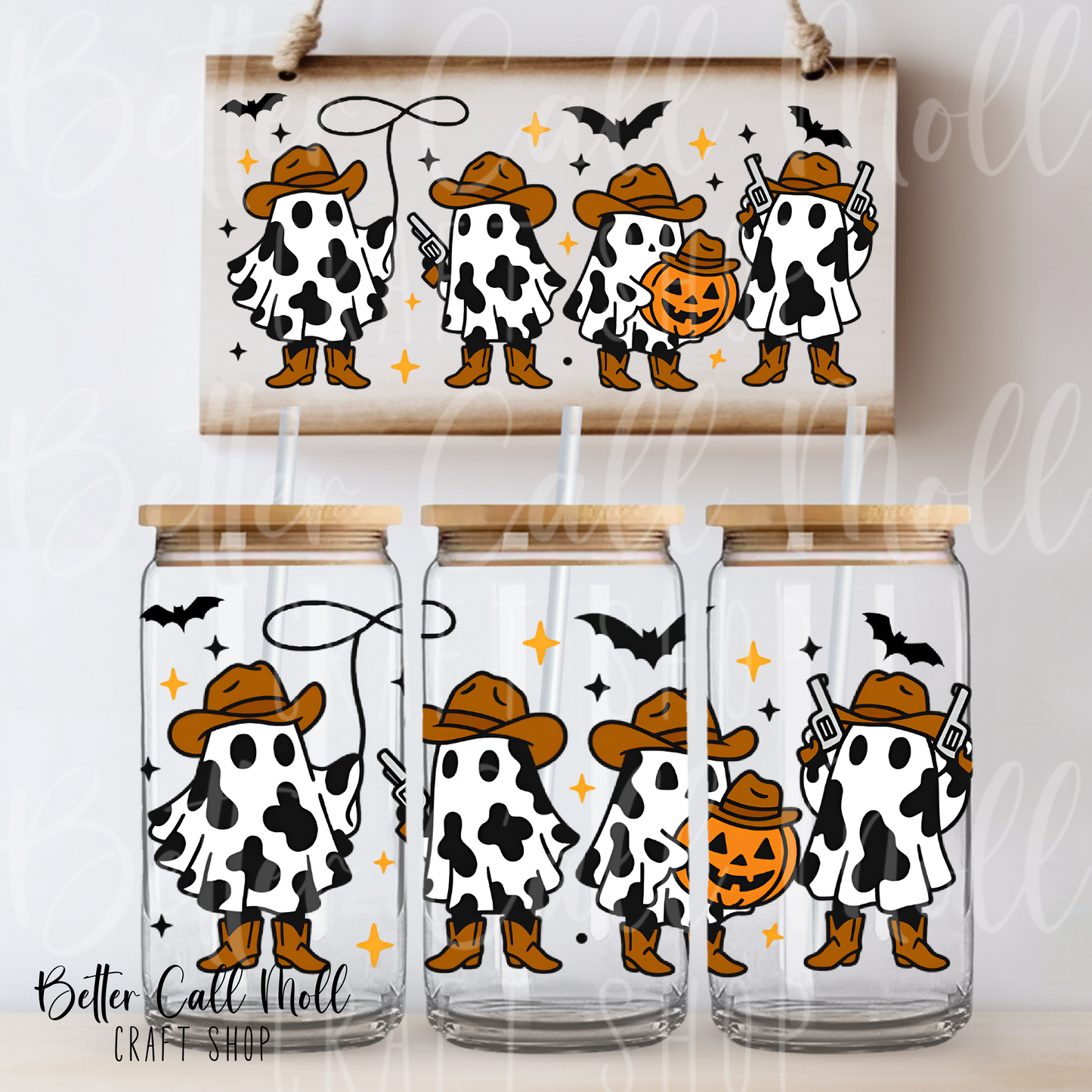 Cow Print Cowboy Ghosts UV DTF 16oz Tumbler Wrap