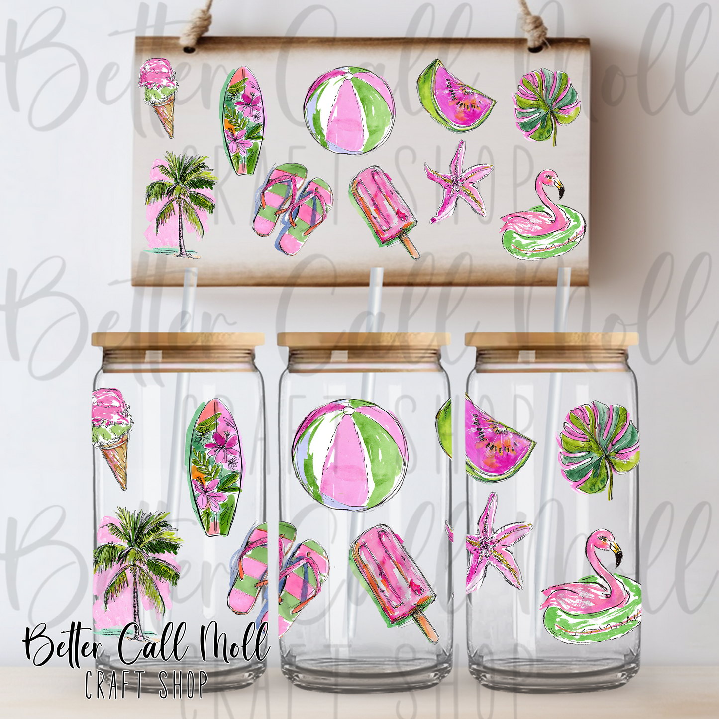 Pink and Green Summer UV DTF 16oz Tumbler Wrap