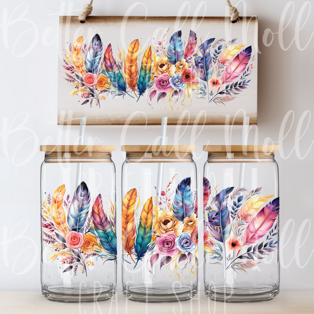 W059 - Colorful Feathers UV DTF 16oz Tumbler Wrap
