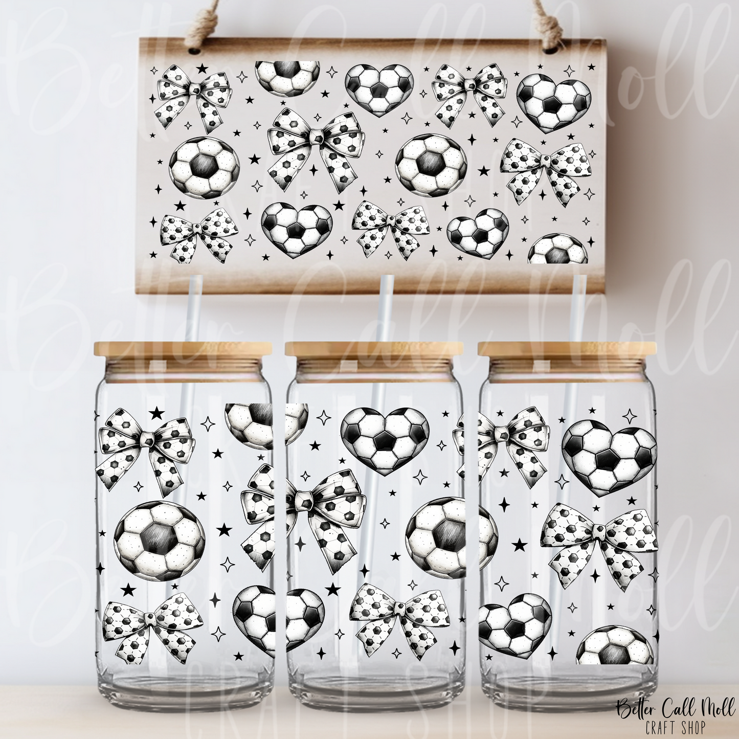 W029 - Soccer Ball Coquette Bows UV DTF 16oz Tumbler Wrap