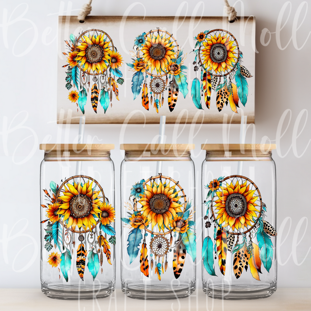 W045 - Sunflower Dream Catcher UV DTF 16oz Tumbler Wrap