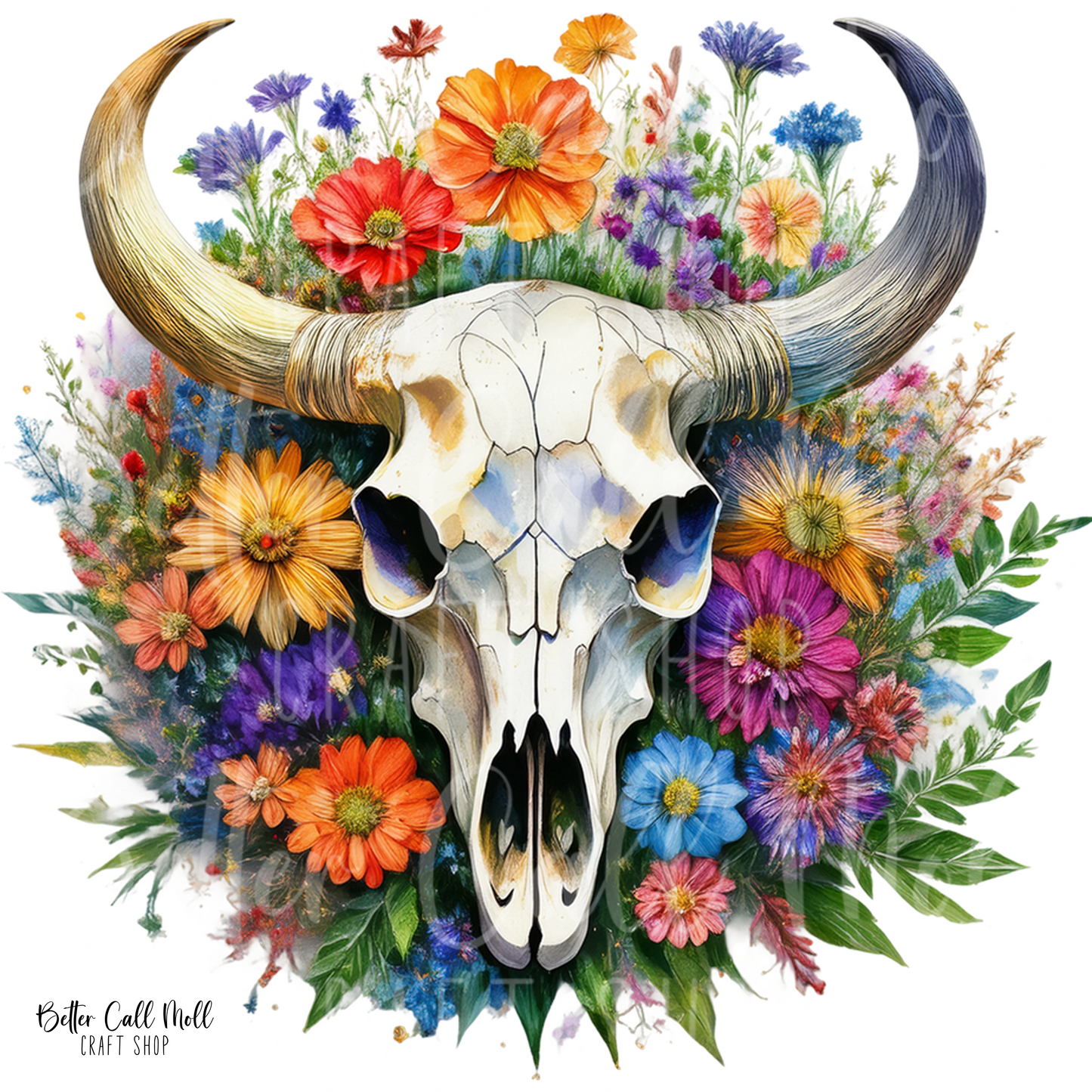 D192 - Bull Skull with Wild Flowers UV DTF Decal