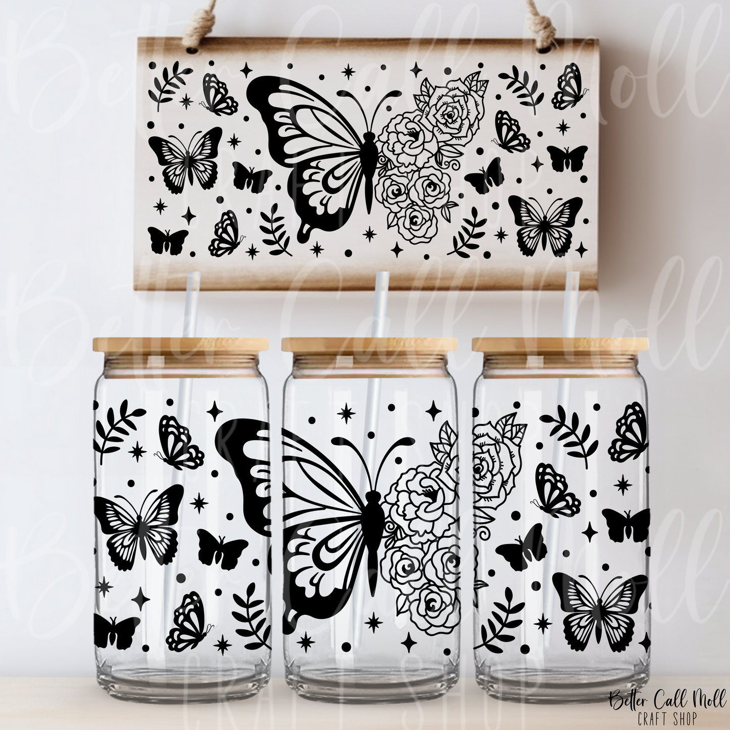 W068 Butterfly Floral Silhouette UV DTF 16oz Tumbler Wrap