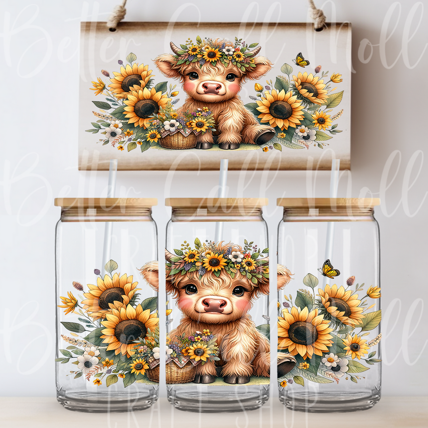 W124 - Baby Highland Cow with Sunflowers UV DTF 16oz Tumbler Wrap