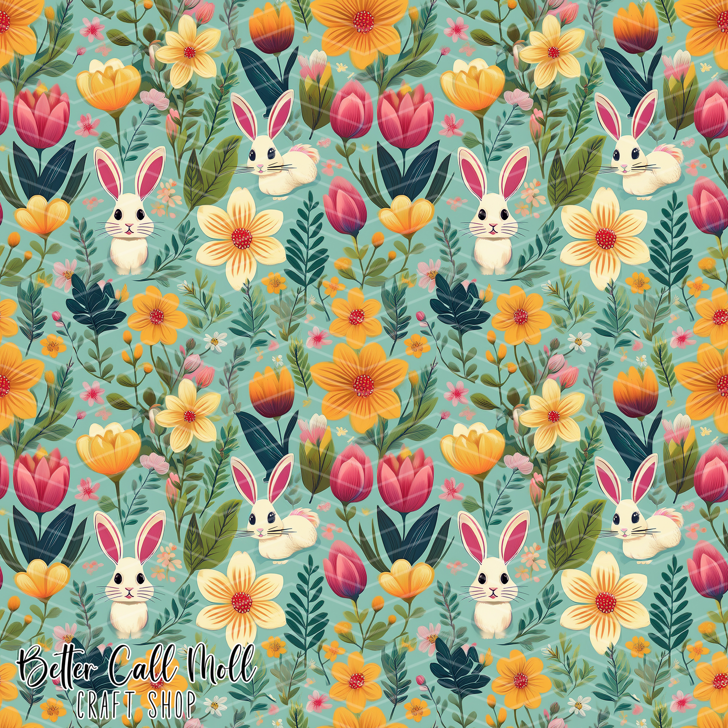 Bunnies and Florals Digital Seamless Pattern