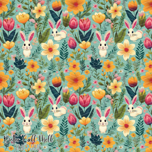 Bunnies and Florals Digital Seamless Pattern