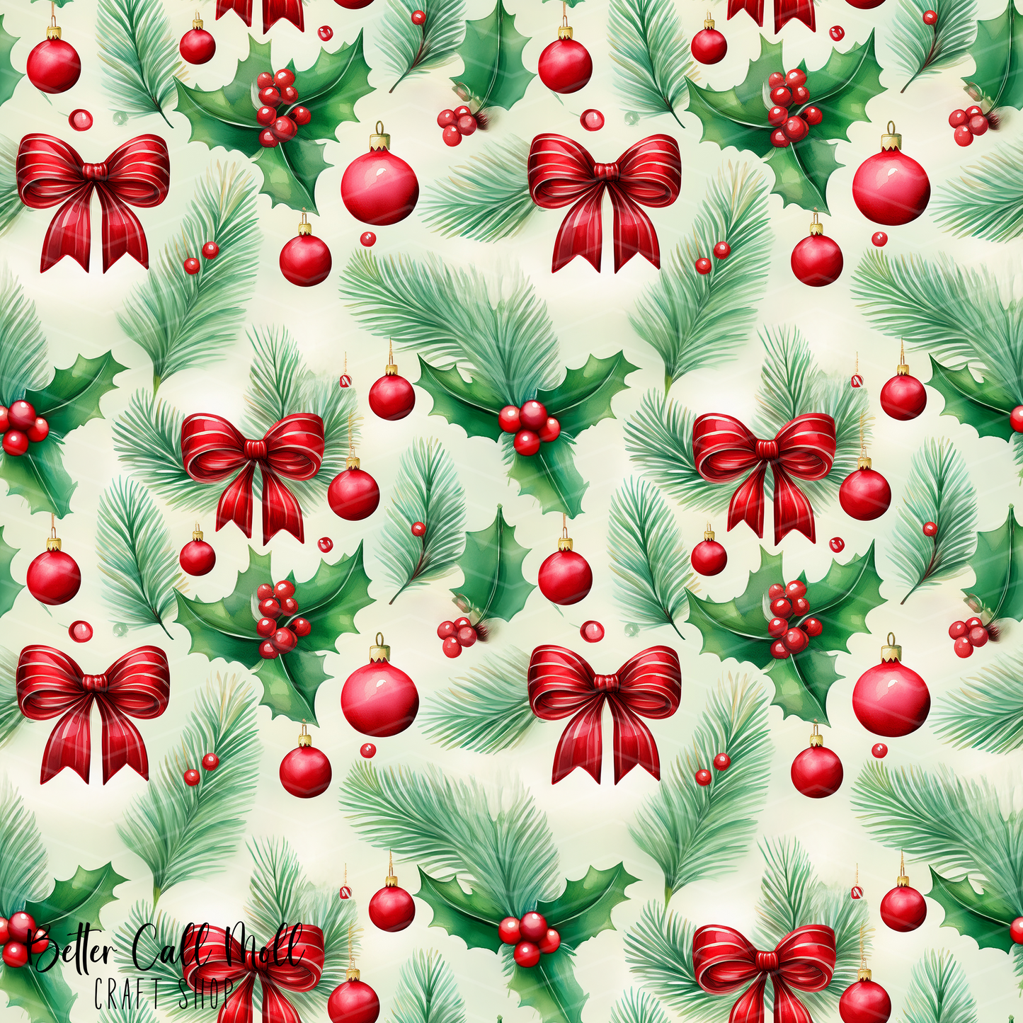 Christmas Bows and Leaves Digital Seamless Pattern