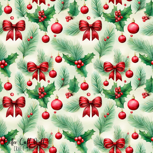 Christmas Bows and Leaves Digital Seamless Pattern