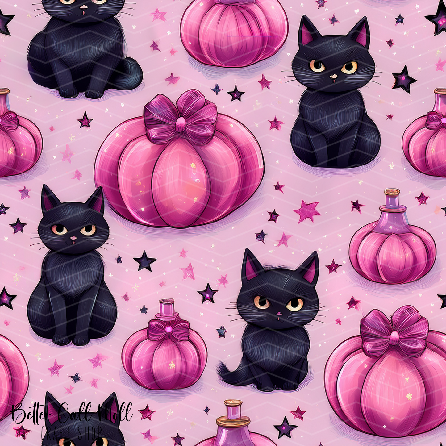 Pink Pumpkins and Black Cats 1 Digital Seamless Pattern