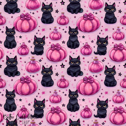Pink Pumpkins and Black Cats 1 Digital Seamless Pattern