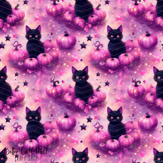 Pink Pumpkins and Black Cats 2 Digital Seamless Pattern