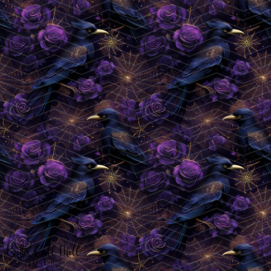 Spooky Floral Ravens Digital Seamless Pattern