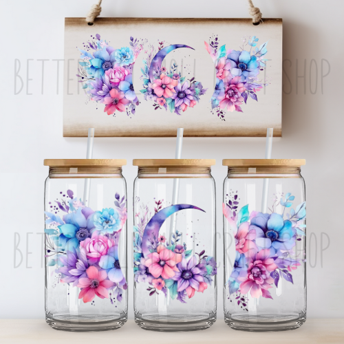 W028 - Watercolor Floral Moon UV DTF 16oz Tumbler Wrap