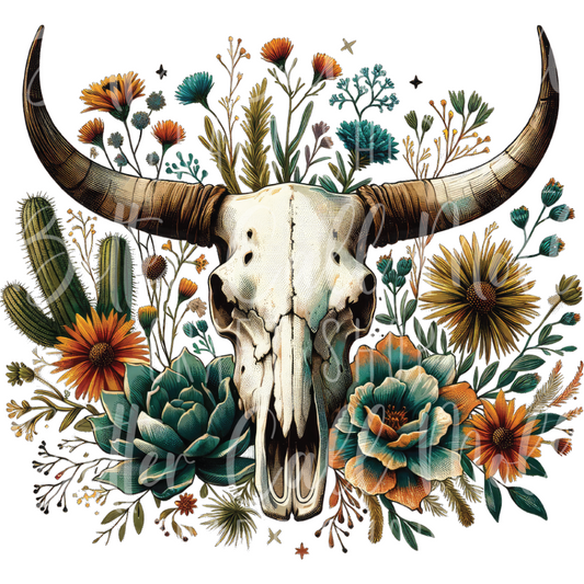 D007 - Bull Skull with Wildflowers UV DTF Decal