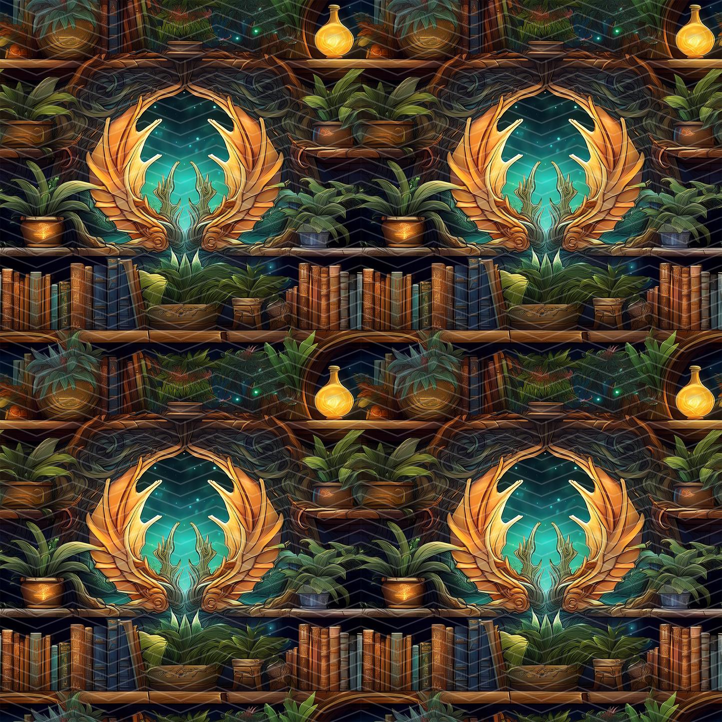 Fantasy Bookshelf 2 Digital Seamless Pattern