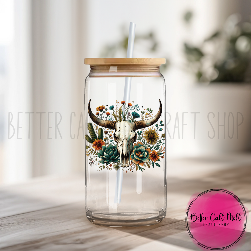 D007 - Bull Skull with Wildflowers UV DTF Decal