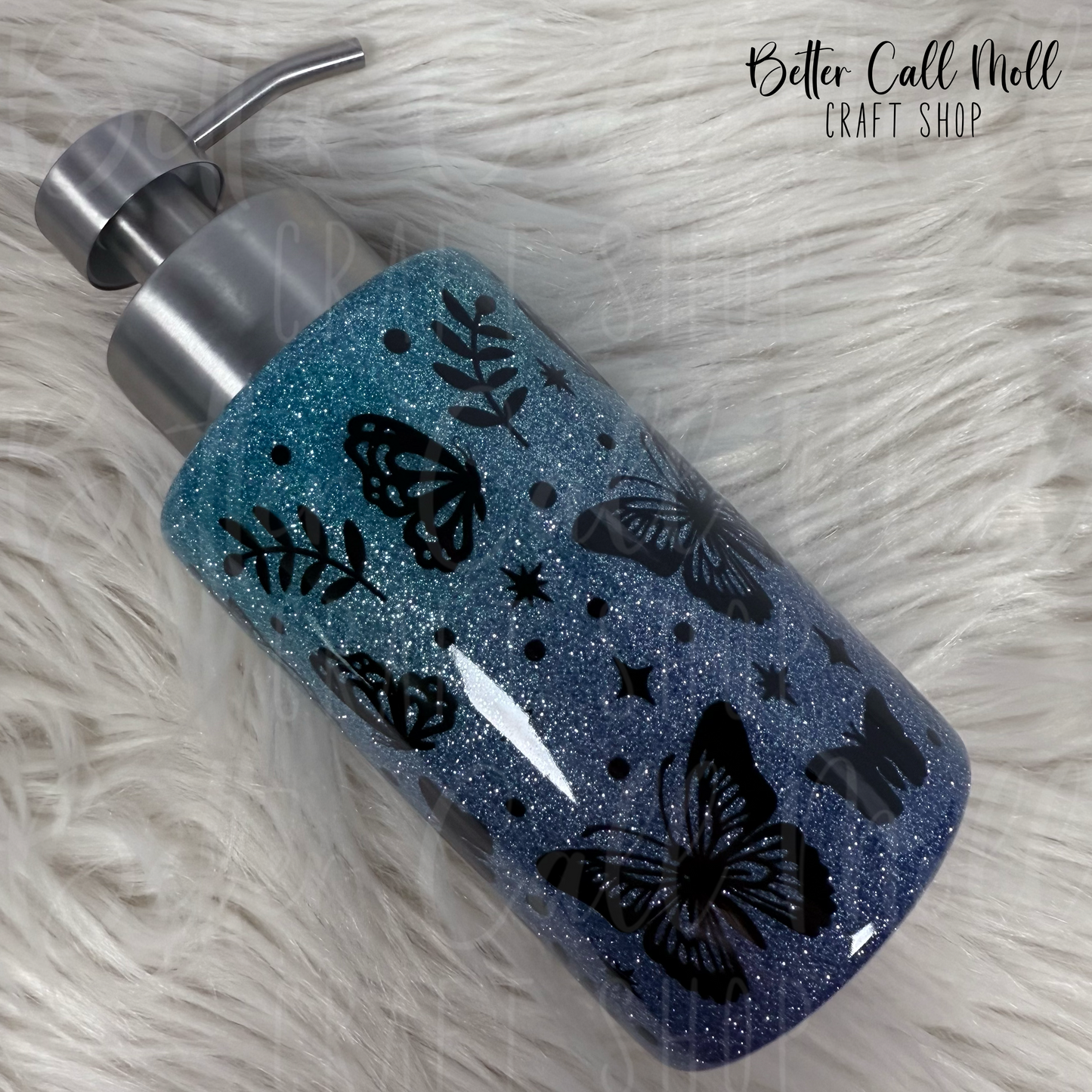 18oz Butterfly Glitter Stainless Steel Coated Pump Dispenser Bottle