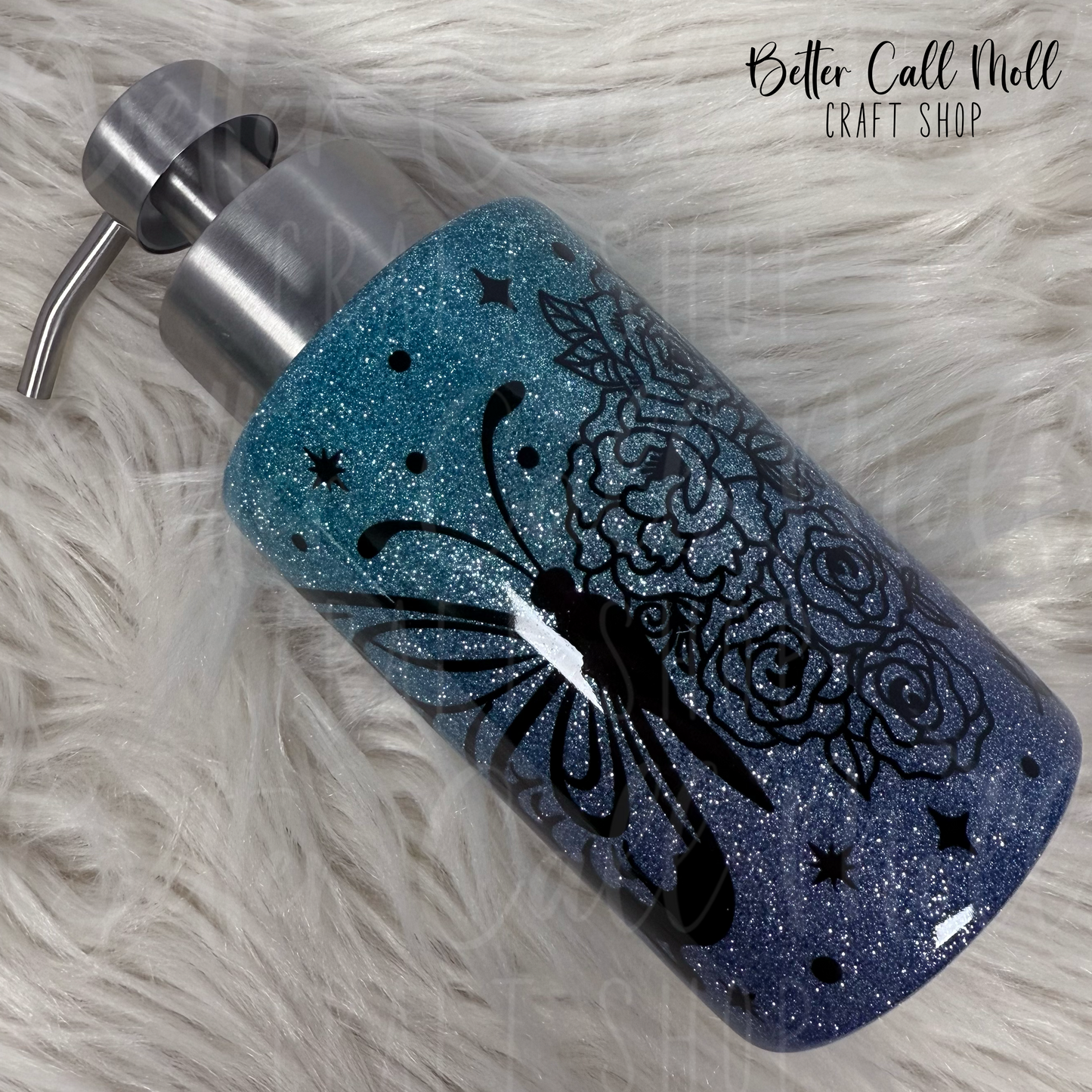 18oz Butterfly Glitter Stainless Steel Coated Pump Dispenser Bottle