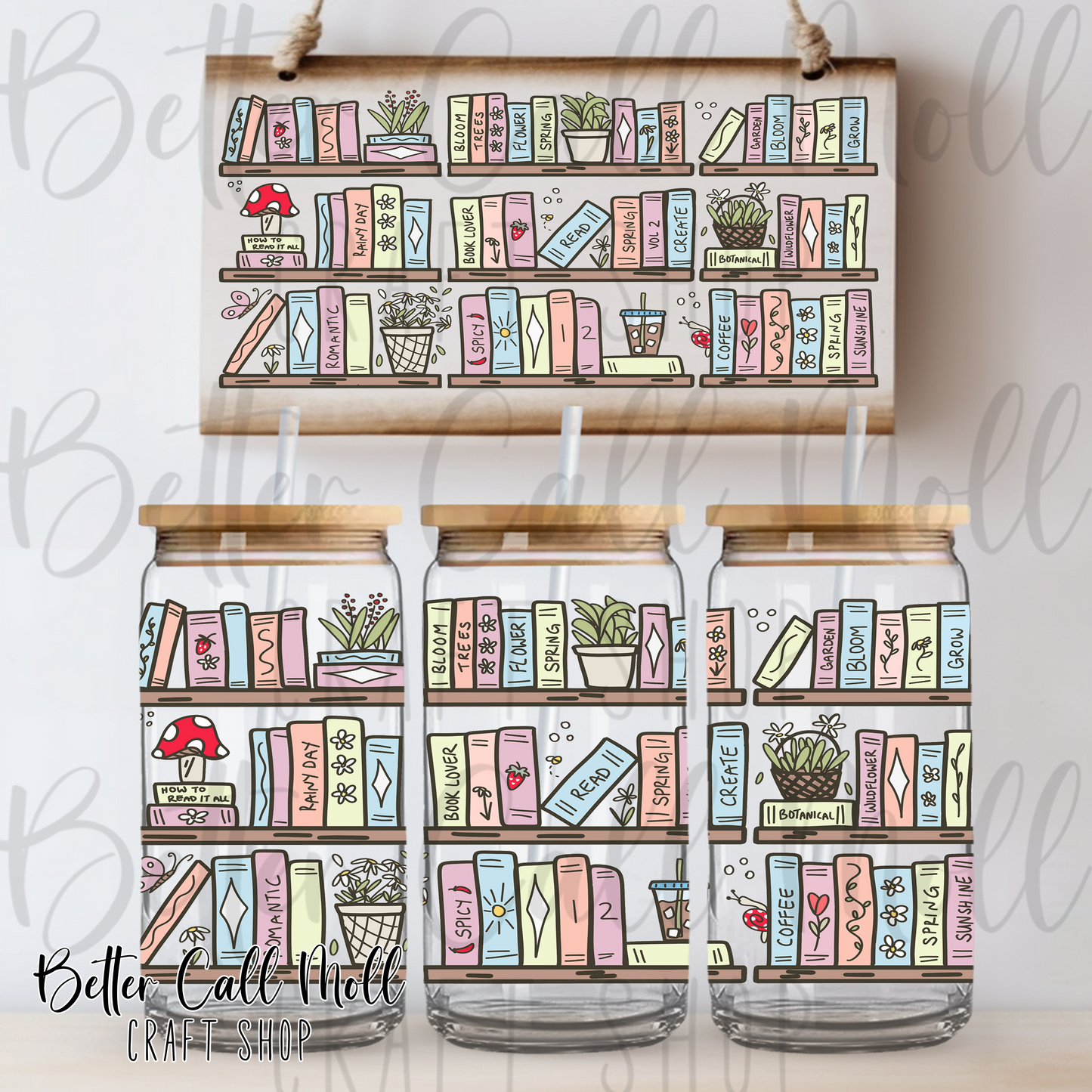 Spring Bookshelf UV DTF 16oz Tumbler Wrap