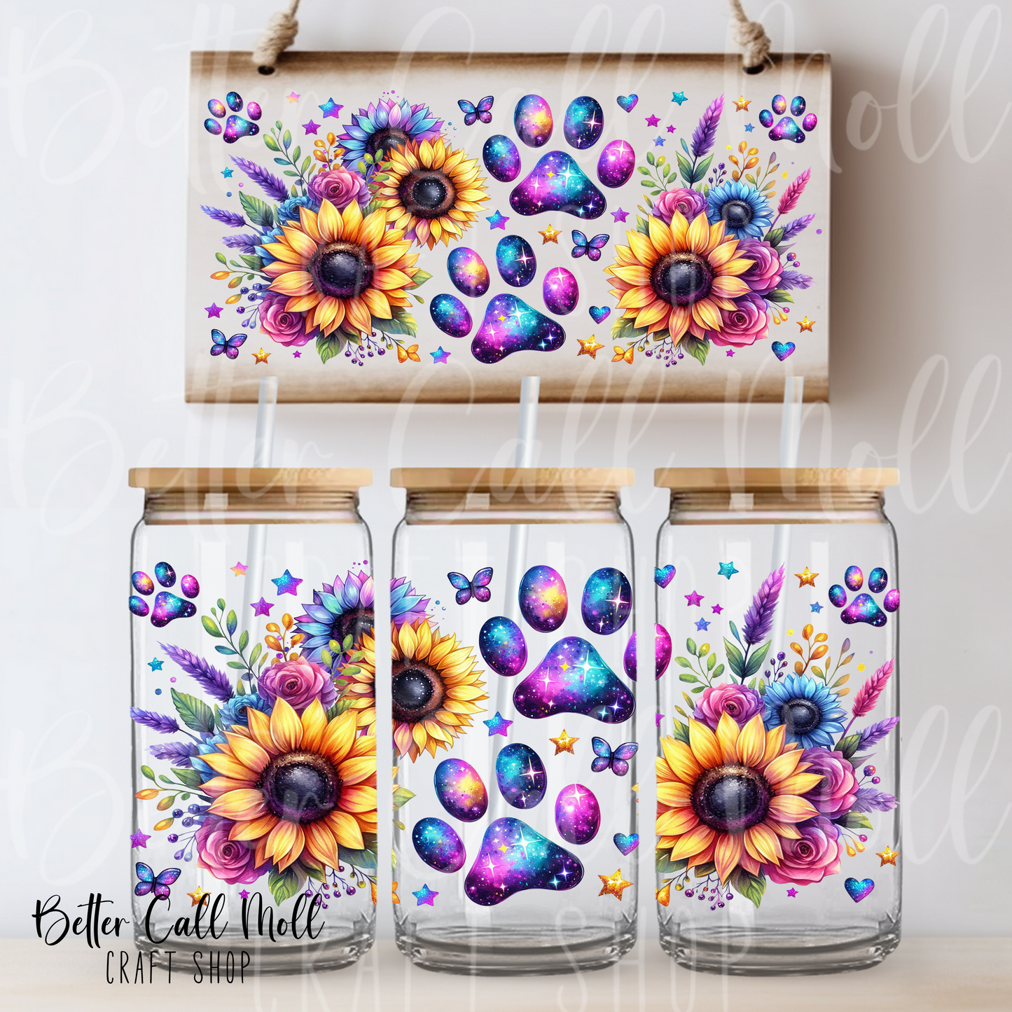 Sunflower Puppy Paws UV DTF 16oz Tumbler Wrap