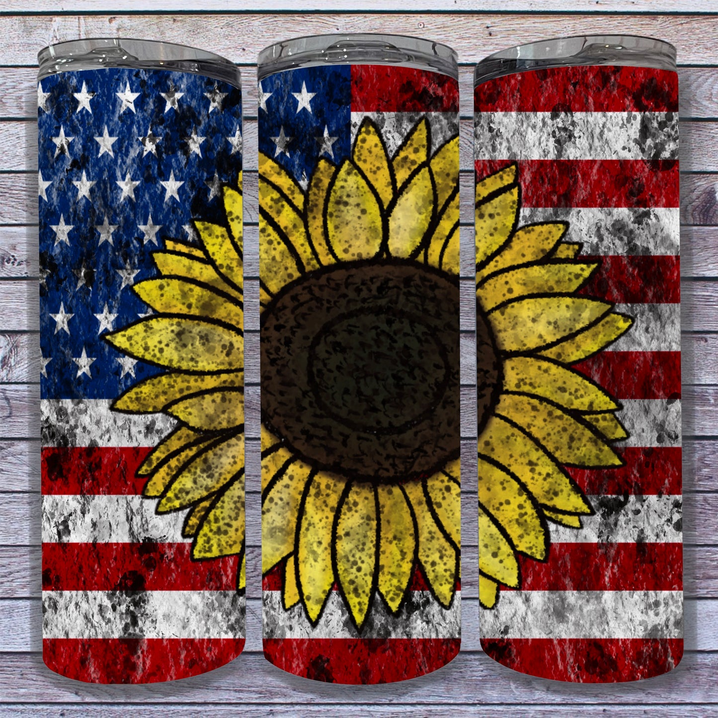 Distressed American Flag and Sunflower Digital Tumbler Wrap - Seamless