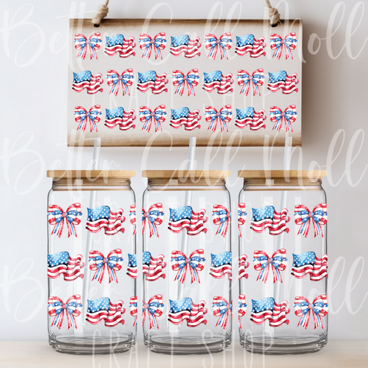 American Flag and Bows UV DTF 16oz Glass Tumbler Wrap