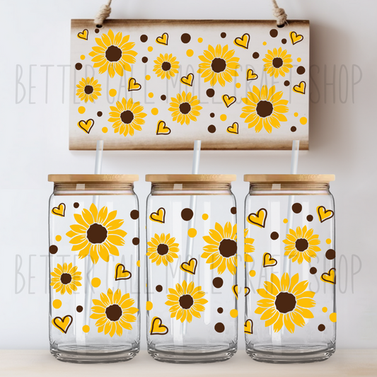 Sunflowers and Hearts UV DTF 16oz Glass Tumbler Wrap