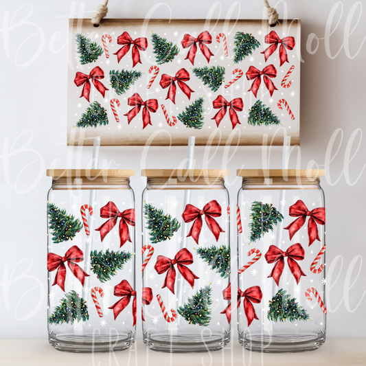 W122 - Christmas Trees and Bows UV DTF 16oz Tumbler Wrap