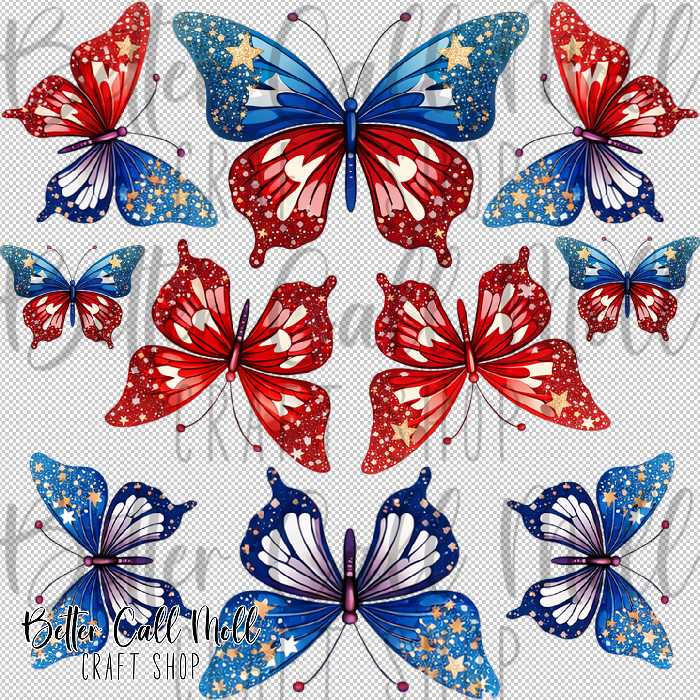 Red White and Blue Butterflies UV DTF Decal