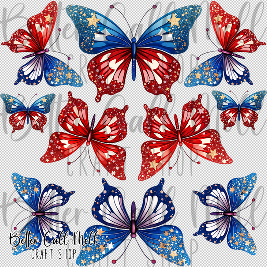 Red White and Blue Butterflies UV DTF Decal