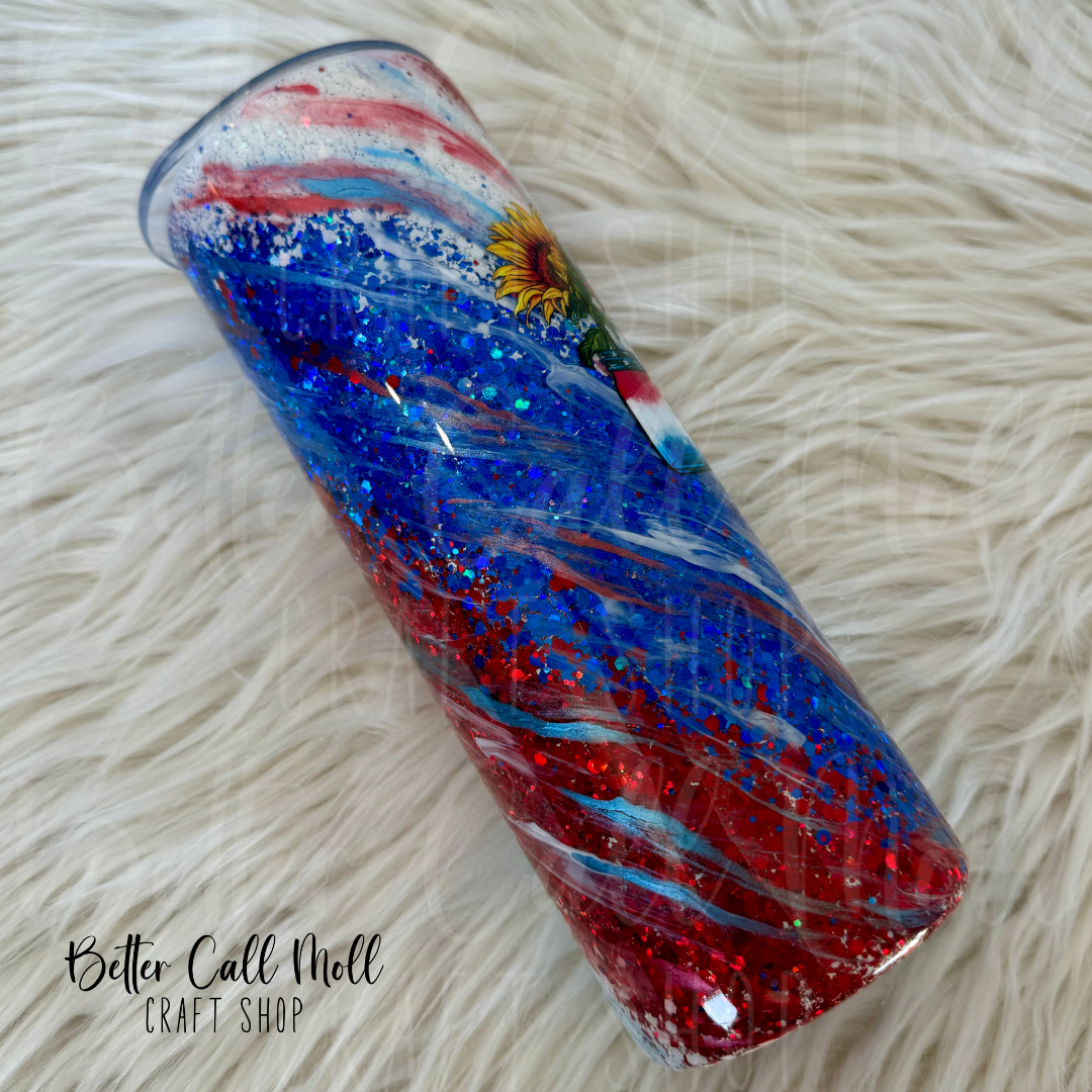 20oz Glitter Patriotic Sunflowers Insulated Stainless Steel Coated Tumbler