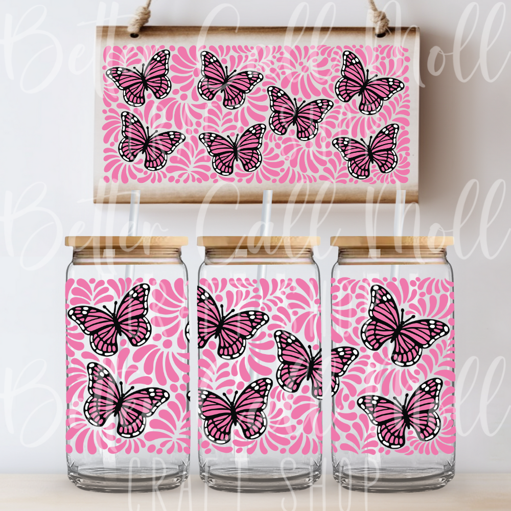 W021 - Pink Butterflies UV DTF 16oz Tumbler Wrap